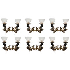 Antique Six Bronze Gilt Sconces with Etched Glass Hurricanes