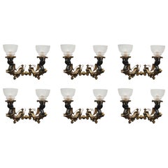 Six Bronze Gilt Sconces with Etched Glass Hurricanes