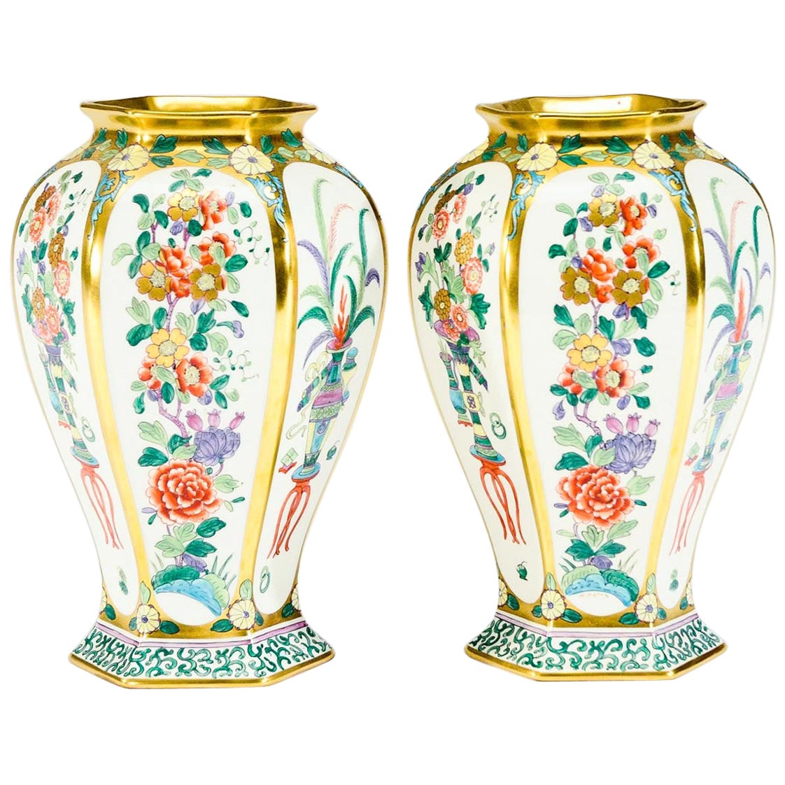 Pair of Spode Porcelain Vases w/ Hand Painted Rose Specimens Artist