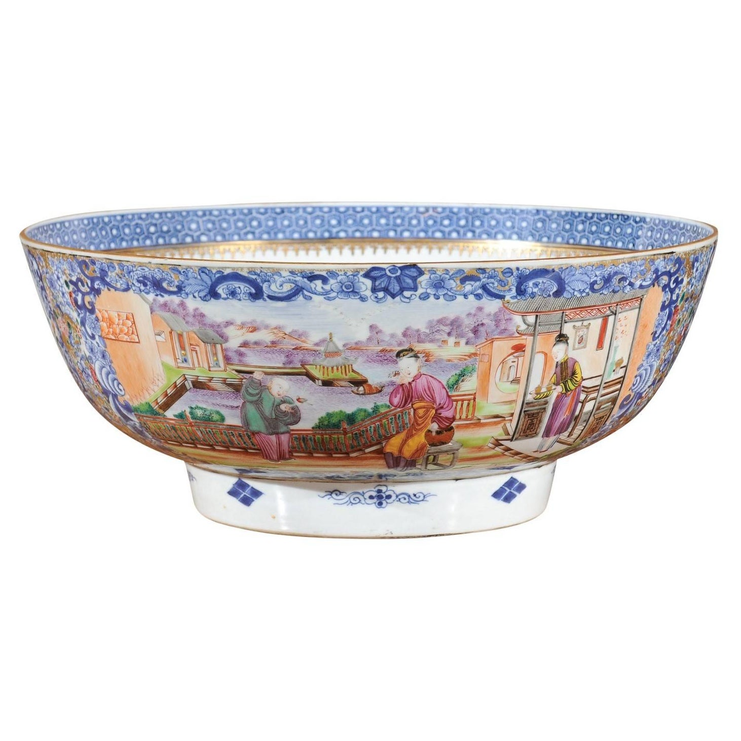 Large Chinese Export Punch Bowl in Mandarin Palette & Gilt Accents, ca. 1780 For Sale