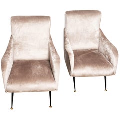 Pair of High Back Upholstered Armchairs with Black Enameled Feet