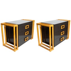 Pair of Charcoal Grey Night or Side Chests with Unusual Rattan Details