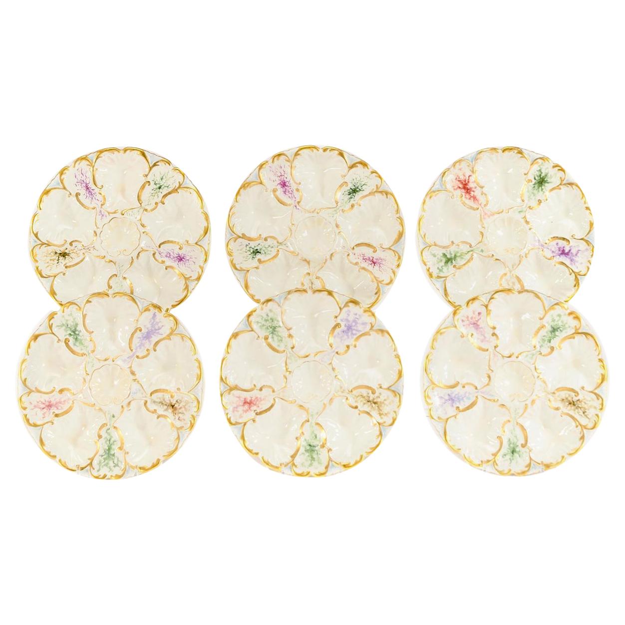 Set of 6 Limoges S & S Oyster Plates With Hand Painted Seaweed & Gilt Decoration
