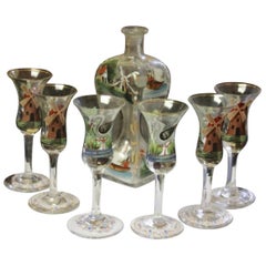 Hand-Painted Holland Bottle and Six Goblets