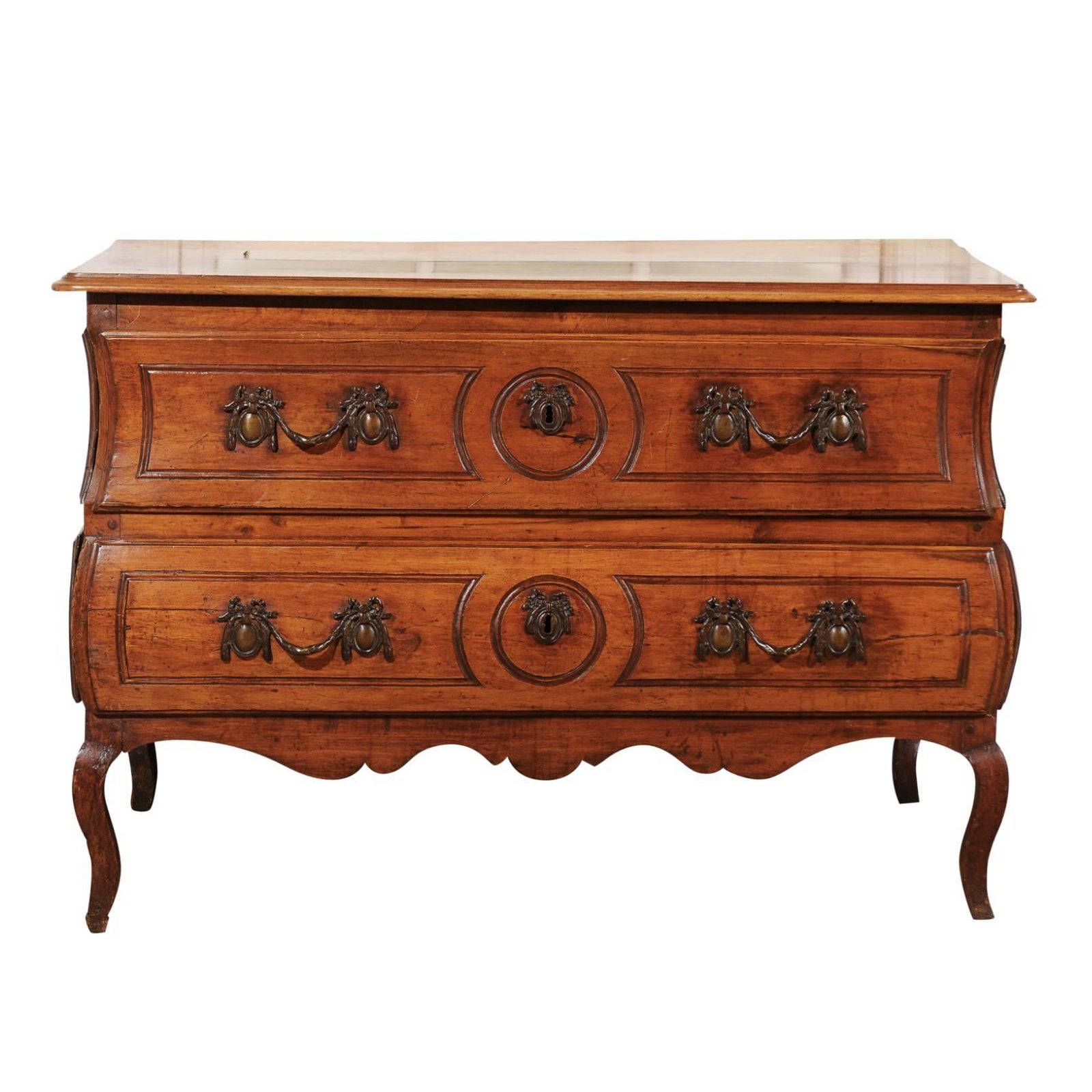 1730s French Period Louis XV Walnut Two-Drawer Commode with Bombé Side Panels For Sale