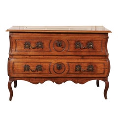 Antique 1730s French Period Louis XV Walnut Two-Drawer Commode with Bombé Side Panels