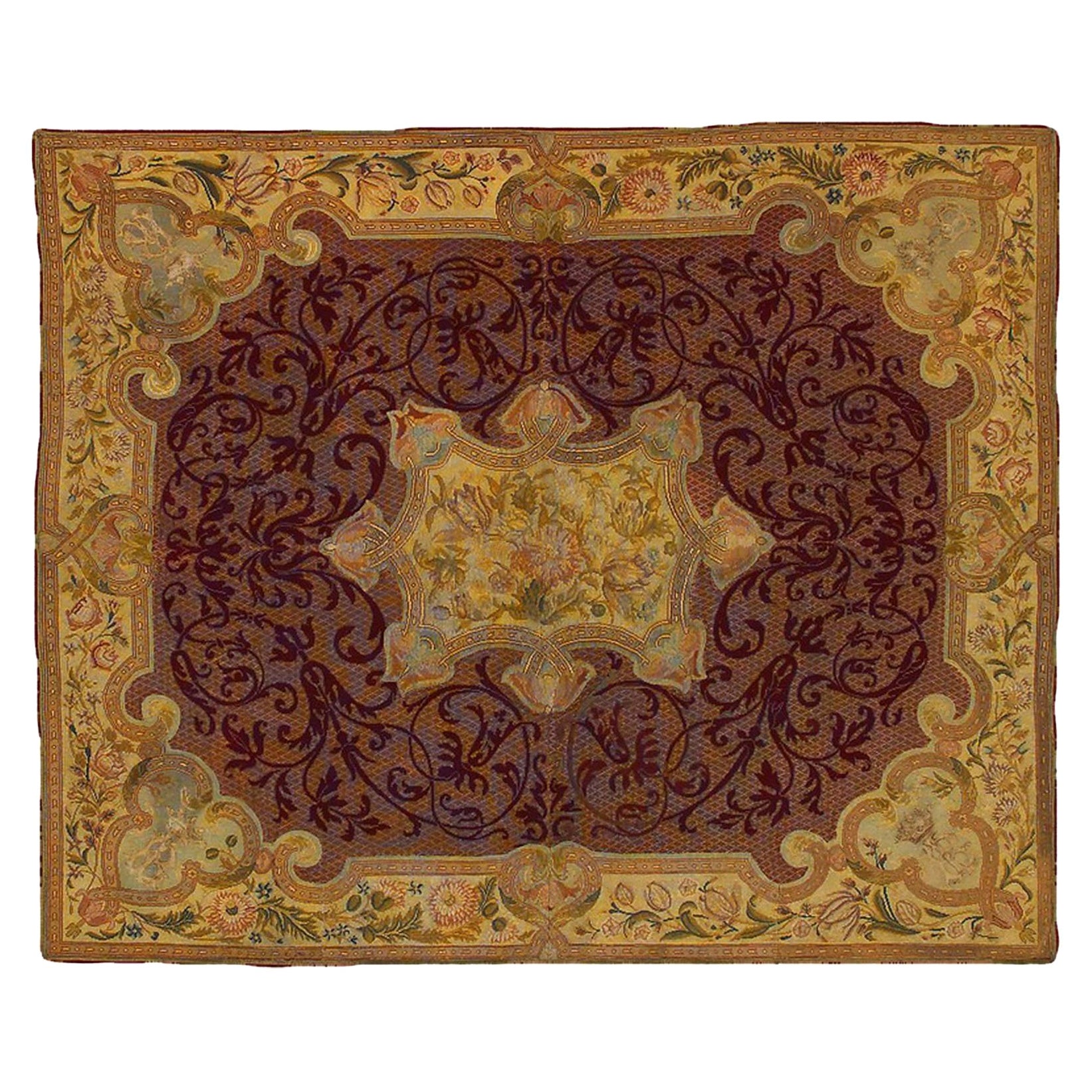 19th Century France Needle Point Hand-Knotted Wool and Silk Red Gold Tapestry For Sale