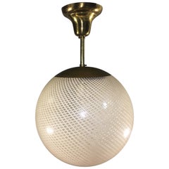Rare Pendant Globe Chandelier "Reticello" by Venini, Murano, 1950s