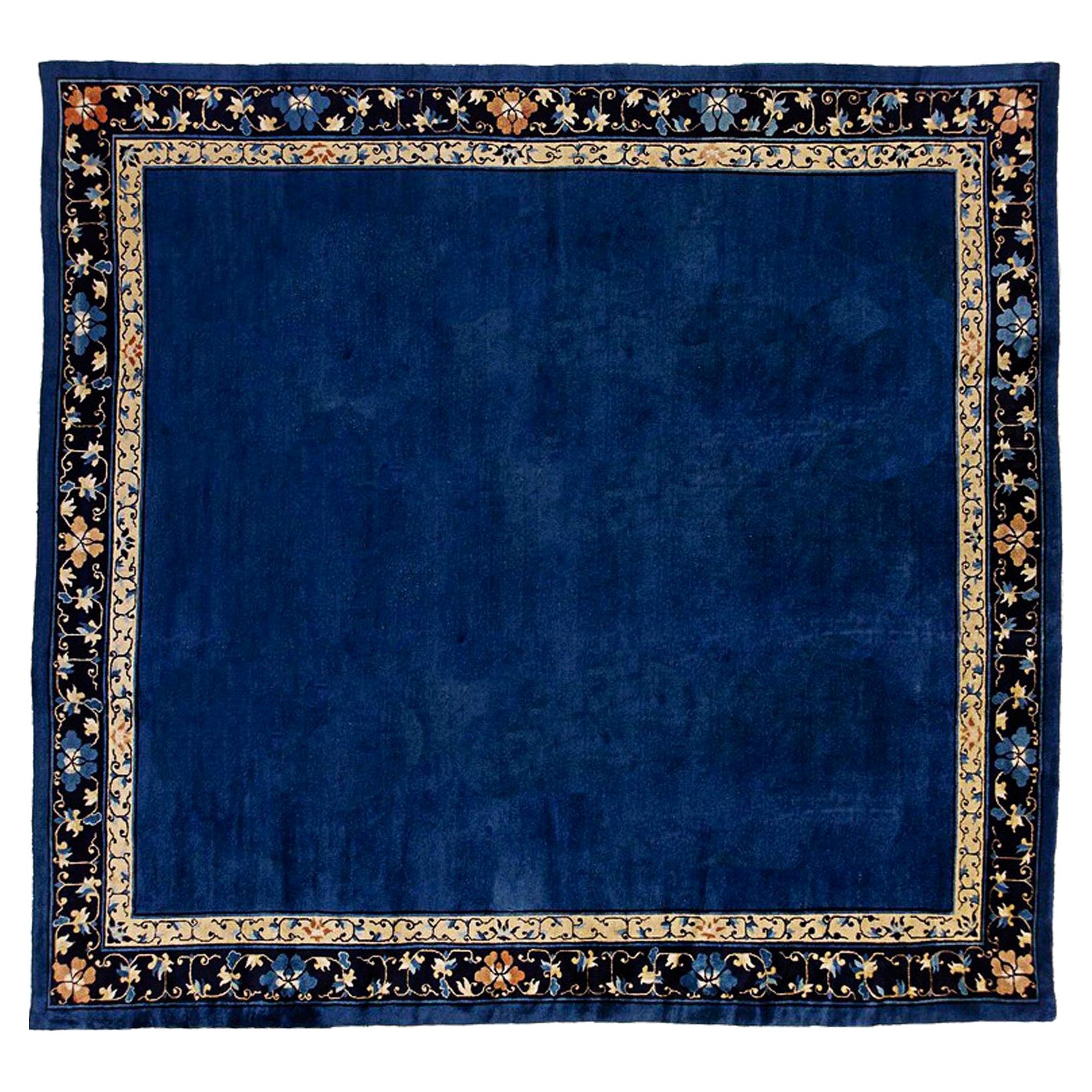 20th Century Blu with Flower Border Wool Peking Chinese Rug, 1920s For Sale