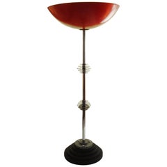 English Art Deco/Machine Age Chrome & Black Torchiere with Red Fiberglass Shade