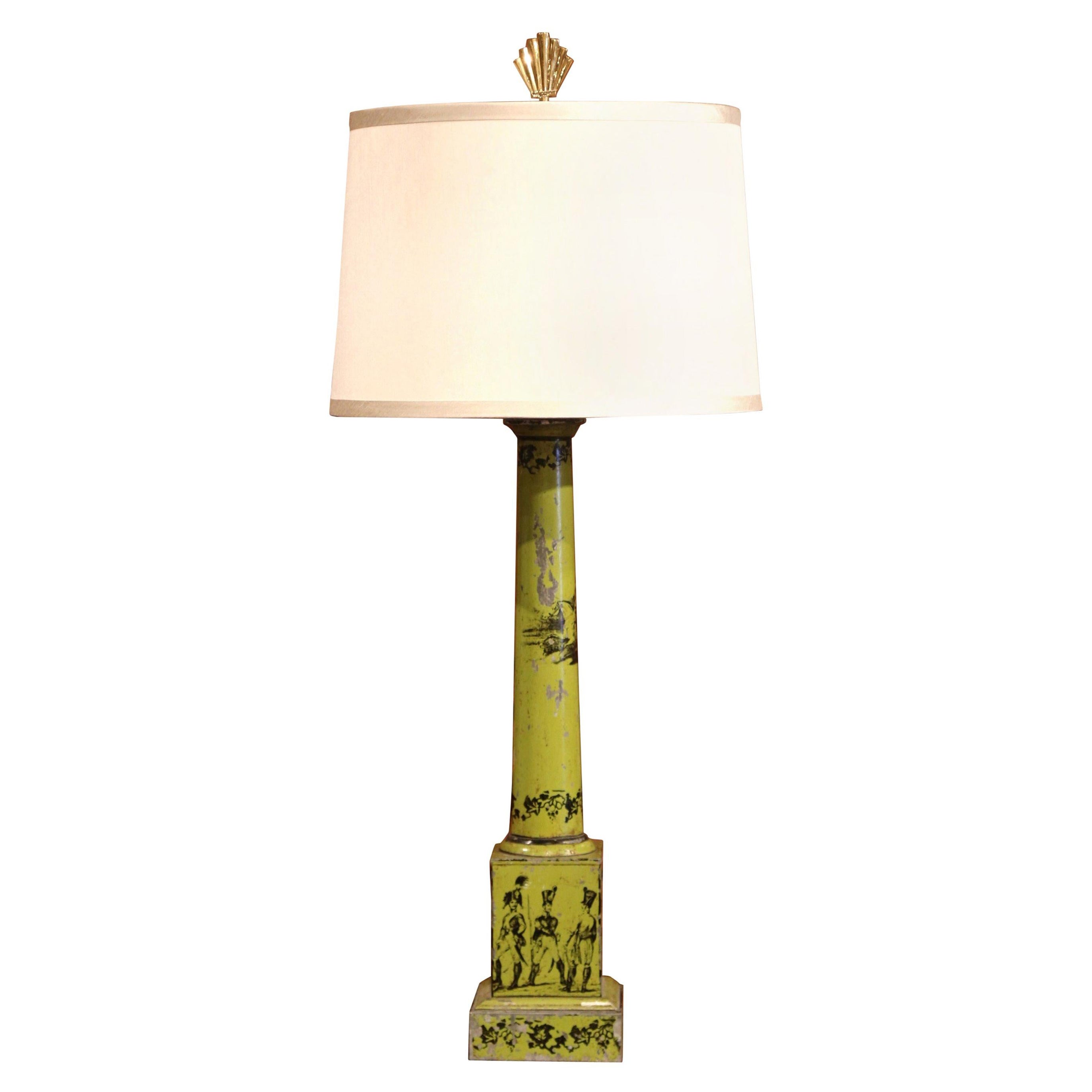 19th Century French Directoire Hand Painted Green and Black Tole Table Lamp For Sale