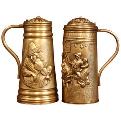 Pair of 19th Century Belgium Brass Beer Pitchers with Lid and Repousse Decor