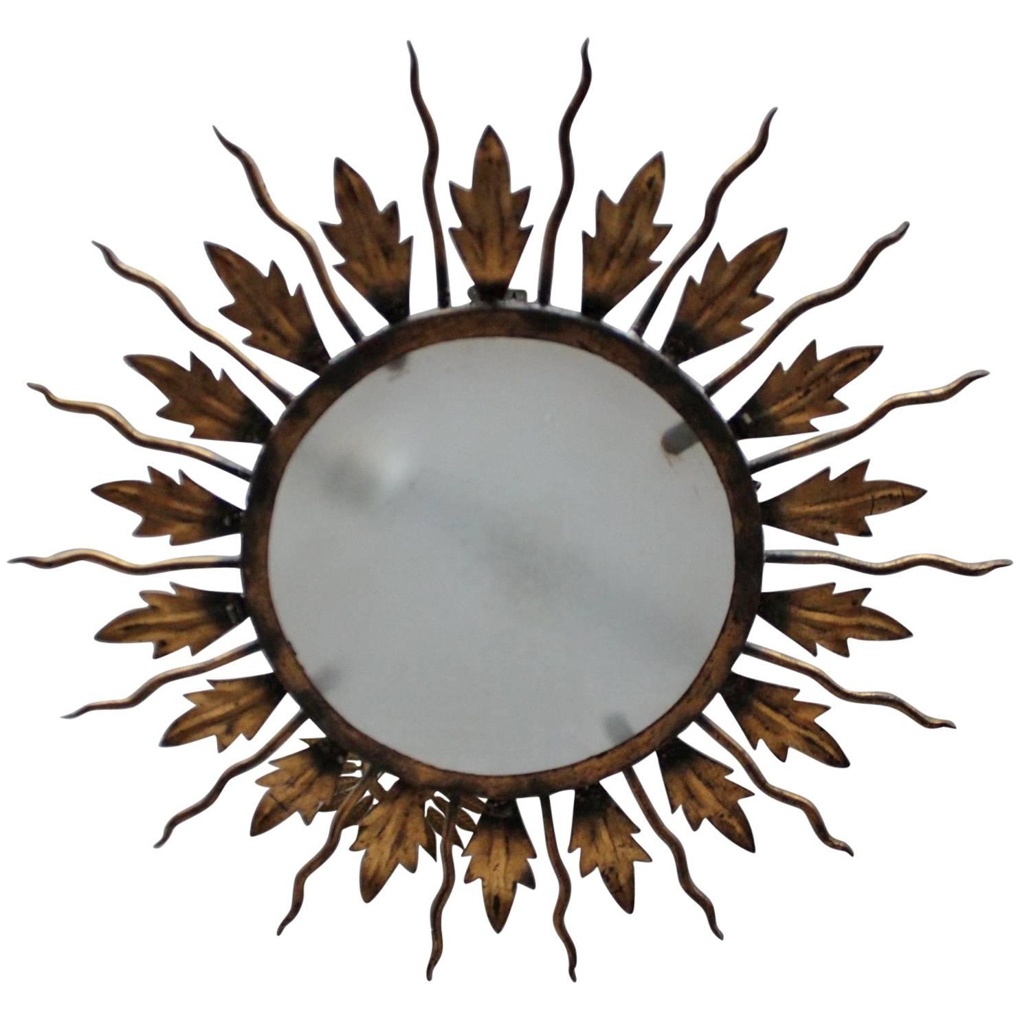 Gilt Metal Flush Mount Ceiling Fixture with Leaves and Rays