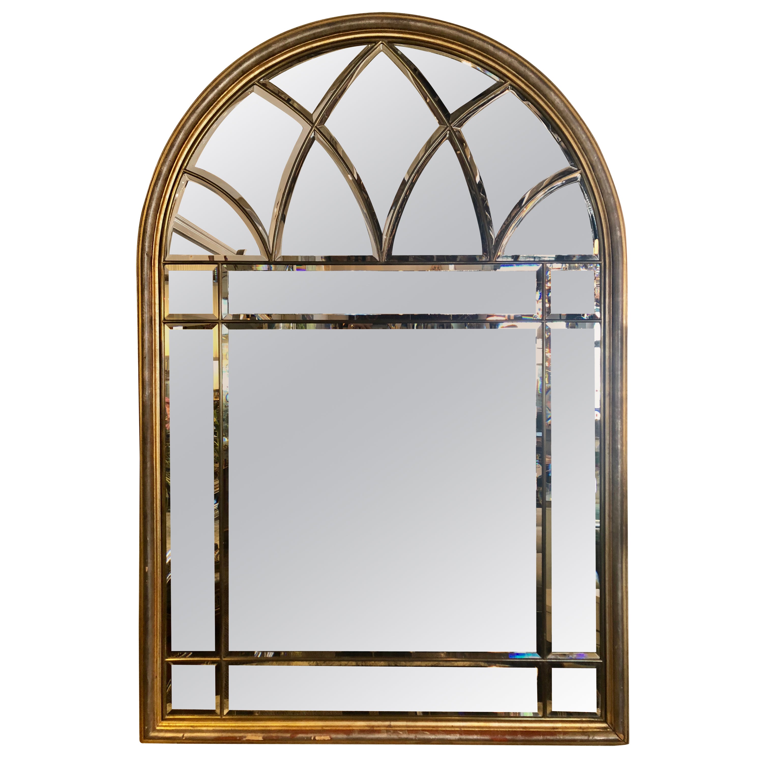 Large rectangular beveled grid mirror in white gold at 1stDibs