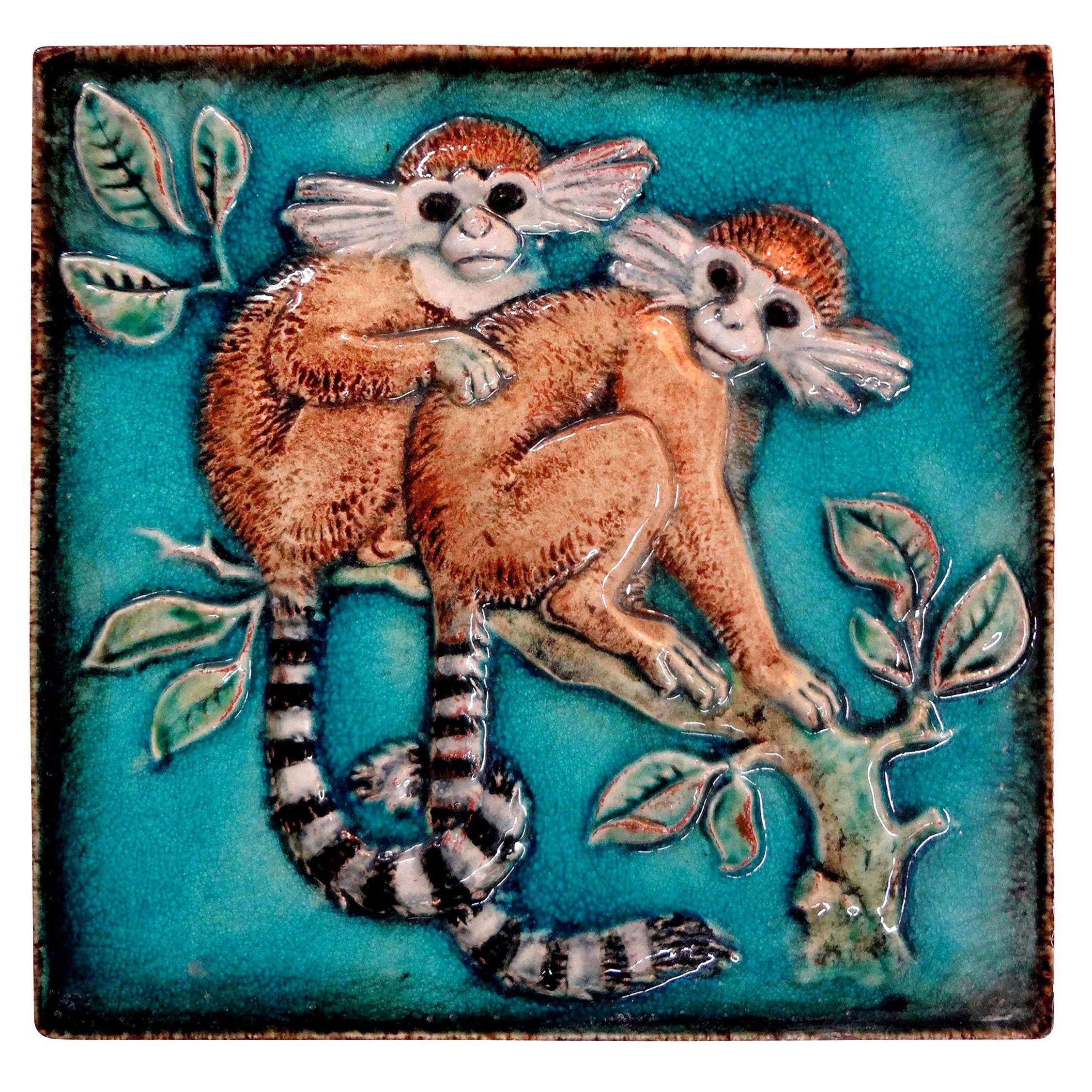 German Glazed Terracotta Monkey Tile by Karlshrue For Sale