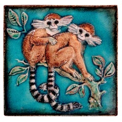 Antique German Glazed Terracotta Monkey Tile by Karlshrue