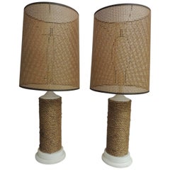 Pair of Vintage Large Nautical Wood Lamps with Rattan Woven Shades