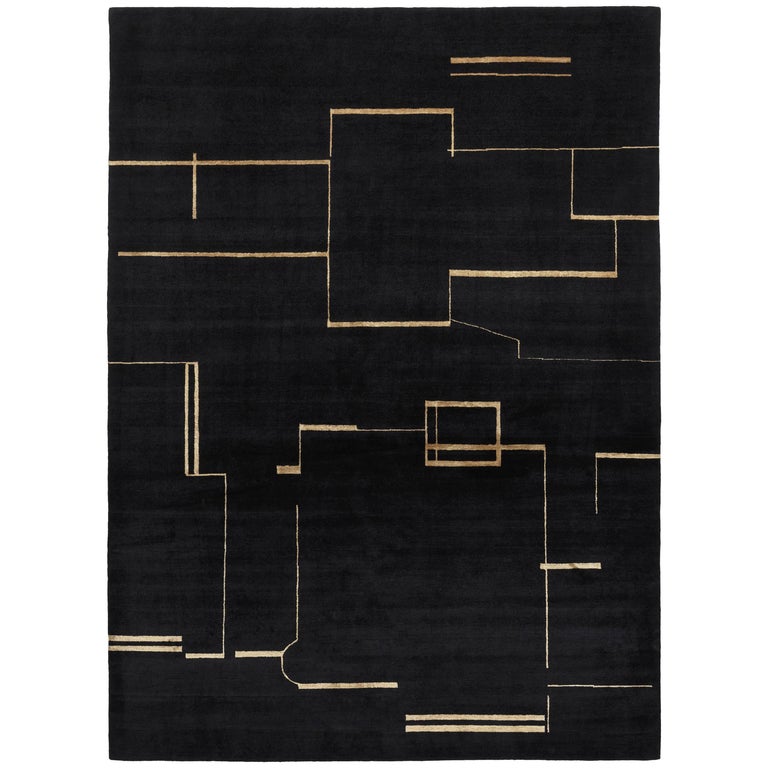 Contemporary Tibetan Rug Hand-Knotted in Nepal, Black, Gold For Sale