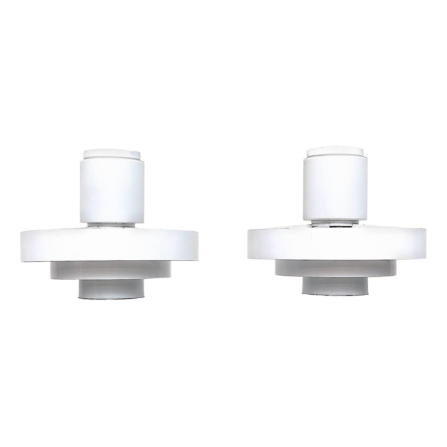 Industrial Enameled White Metal and Opaline Glass Flush Mount Ceiling Lamps