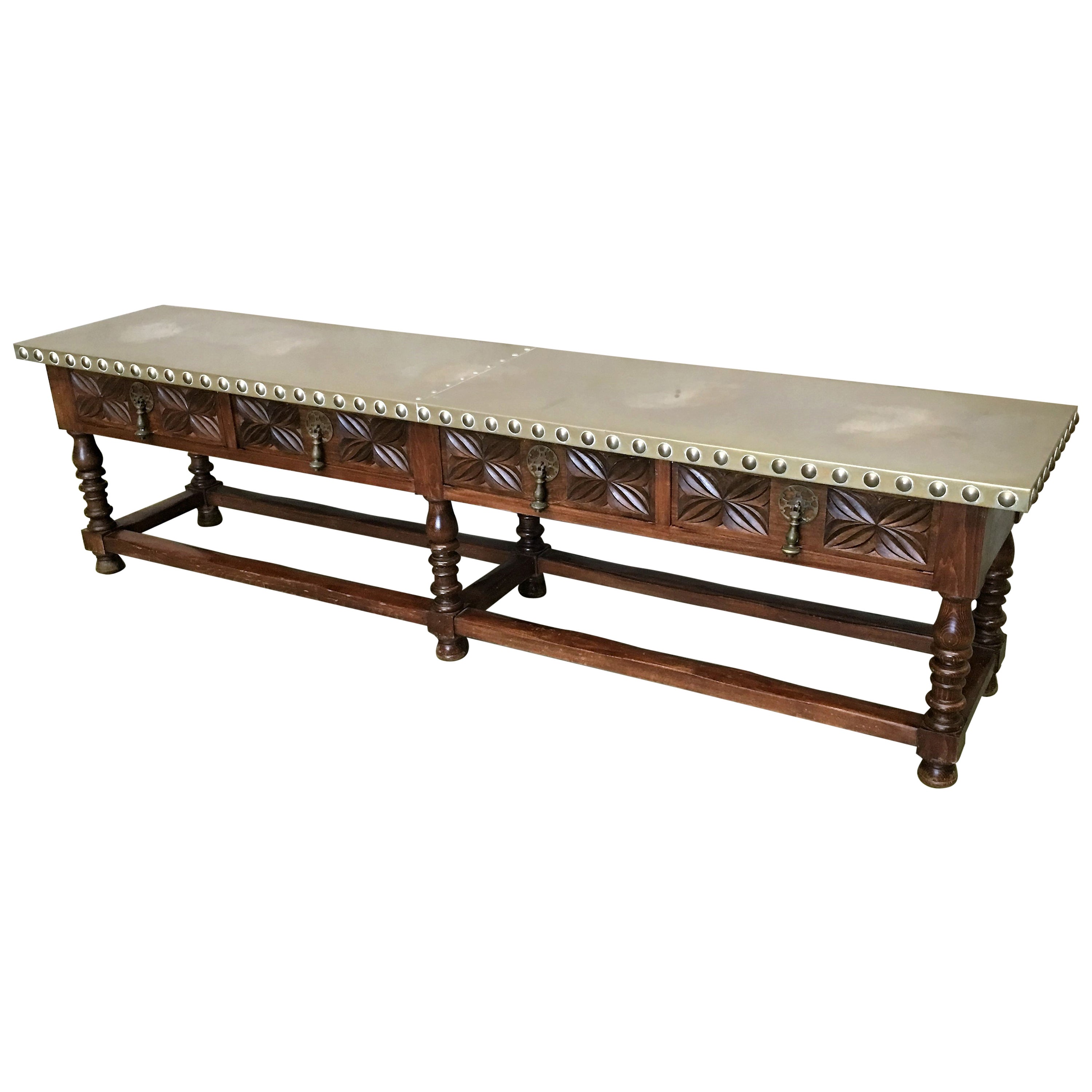 19th Bench Or Console Table With Zinc Top And Four Drawers 19th Bench Or Console Table With Zinc Top And Four Drawers Handles At 1stdibs