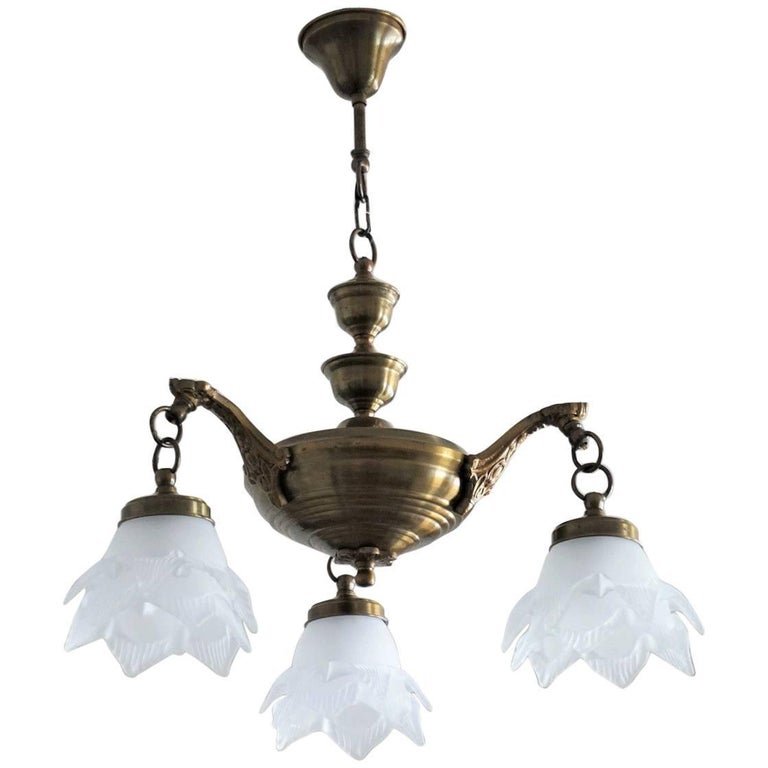Midcentury Art Deco Style Three Light Chandelier Brass And Frosted Midcentury Art Deco Style Three Light Chandelier Brass And Frosted Glass Tulips For