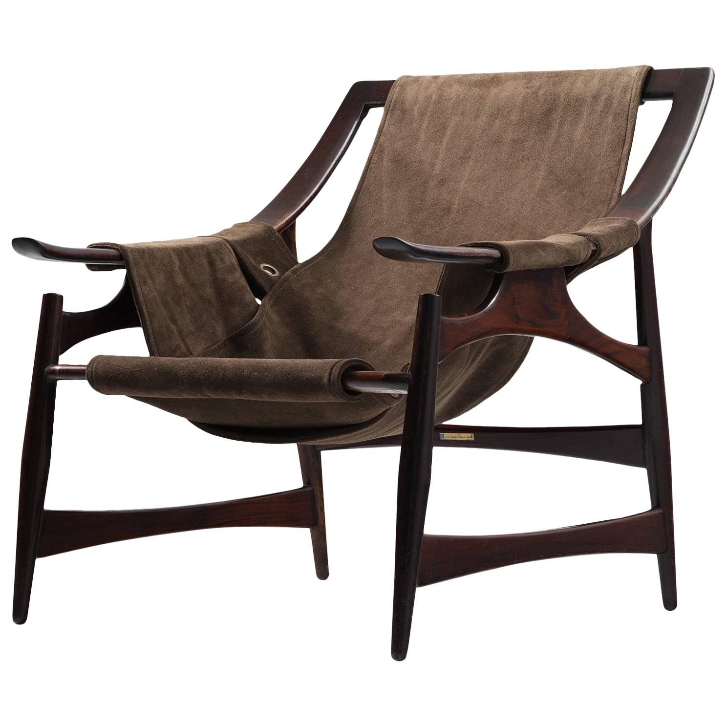 Liceu De Artes Sao Paulo Lounge Chair in Rosewood and Brown Suede
