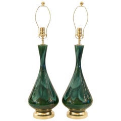 Royal Haeger Blue and Green Drip Glaze Lamps with Gilt Hardware