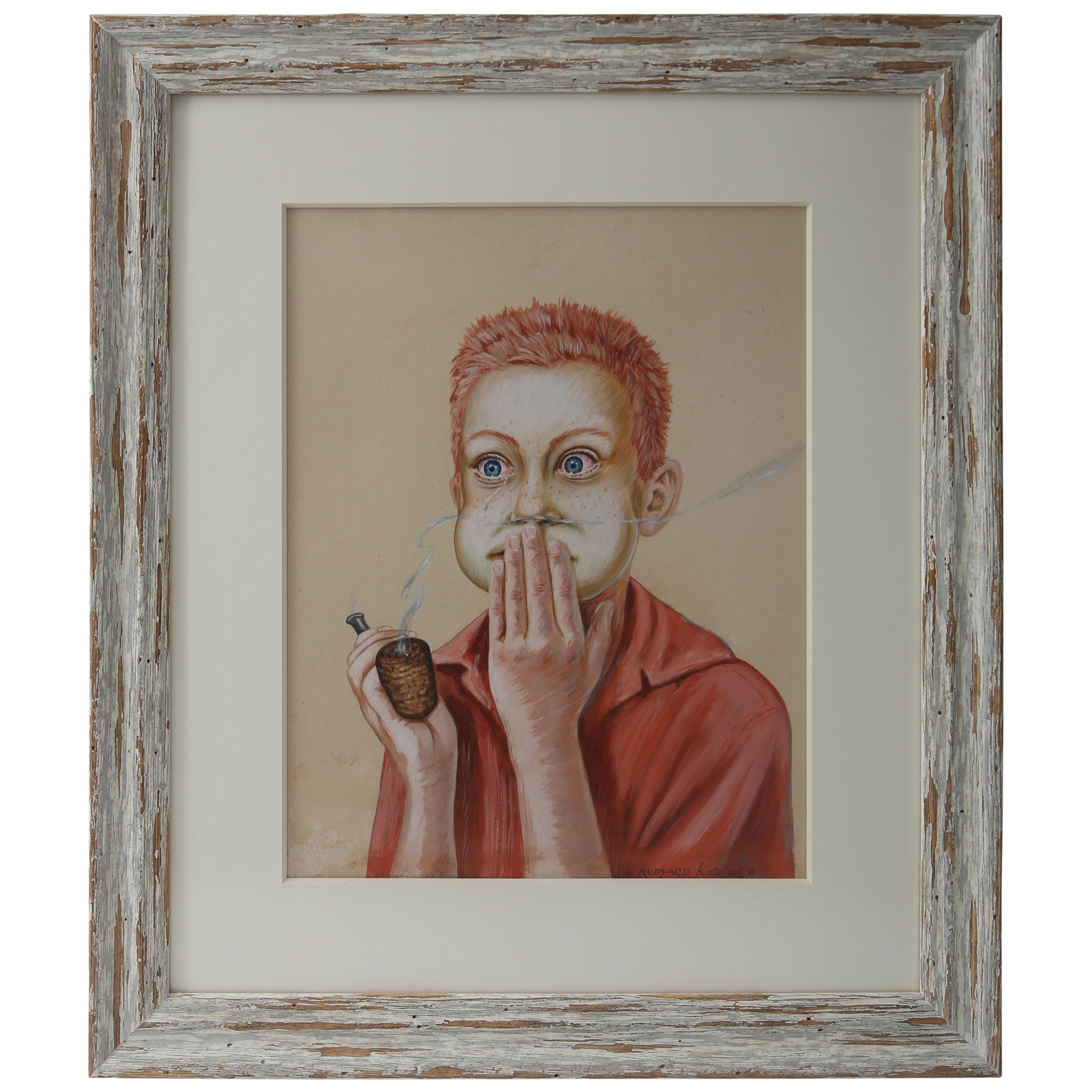 Pastel sur papier « Jeune garçon avec une pipe à sangle de bœuf »