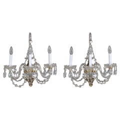 Pair of Italian Cut Crystal Three-Light Candle Light Wall Sconces, circa 1930
