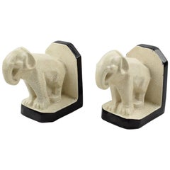 Le Moine France 1925 Crackled Ceramic Faience Elephant Sculpture Bookends