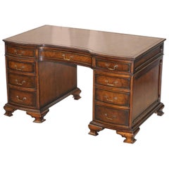 Vintage Serpentine Fronted Walnut Twin Pedestal Partner Desk Brown Leather Top