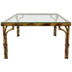 Contemporary Faux Bamboo and Glass Top Burnished Gold Iron Coffee Table