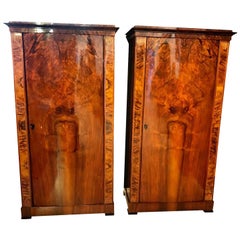 Antique Pair of Biedermeier Armoires, Walnut Veneer, French Polish, Austria, circa 1830