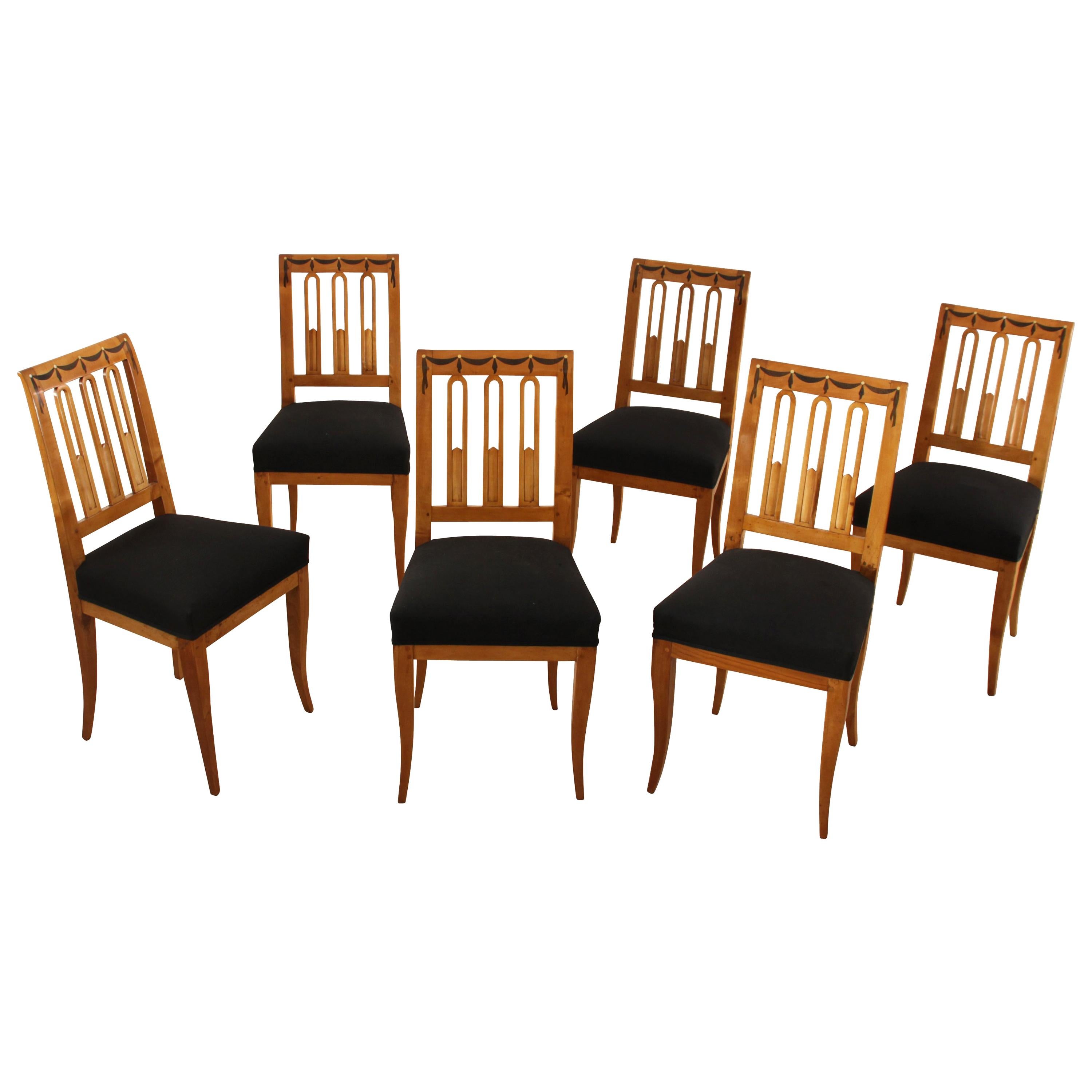 Set of Six Biedermeier Dining Chairs, Garland Inlays, South Germany, circa 1820
