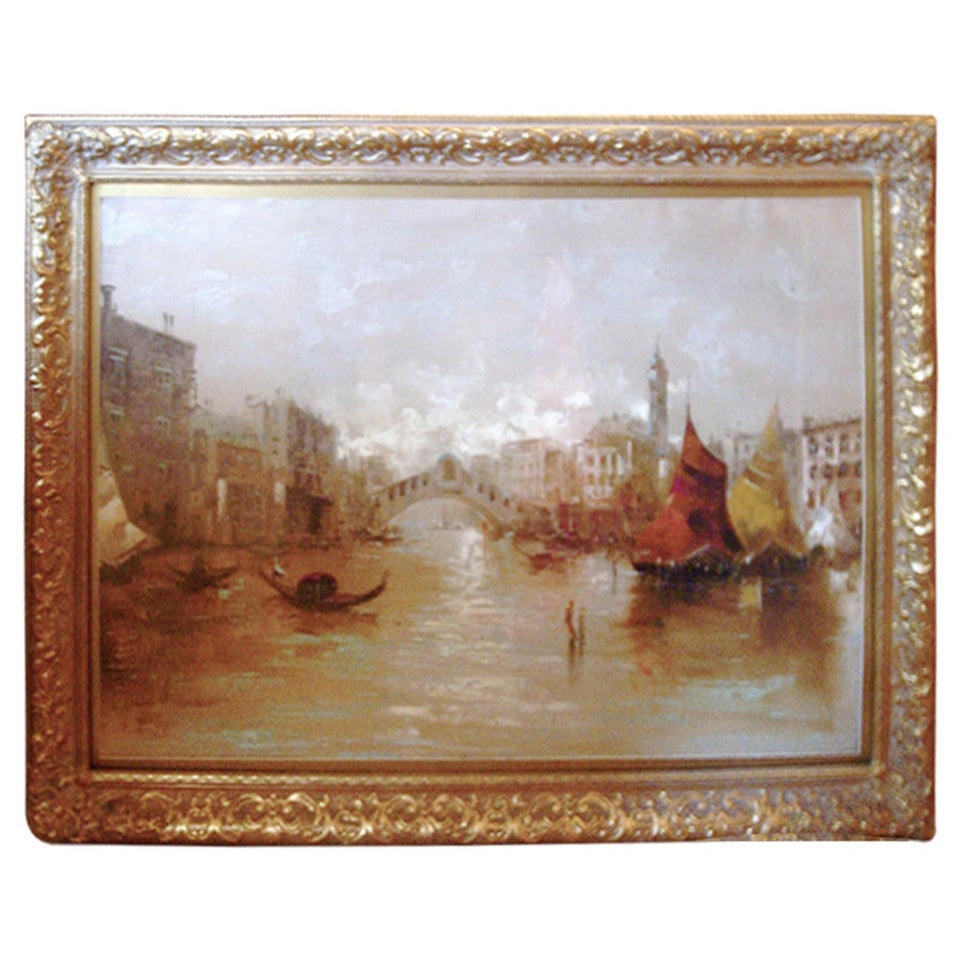 Huile sur toile de François Ruocco représentant une scène du canal de Venise dans un cadre en bois doré 