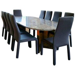 Marble Large Dining Table, Gris Perle Rose, Racetrack Shape, Brass Base Legs