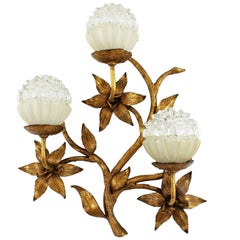 Spanish 1920s Art Nouveau Gilt Iron and Glass Three-Light Floral Wall Sconce