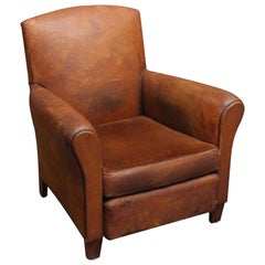 1990s Single French Leather Club Chair with a Studded Back and Wooden Feet