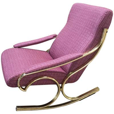 Chunky Brass Rocking Chair with Damask Velvet Upholstery, France, 1900s ...