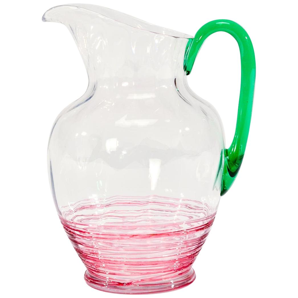 Large Steuben Hand Blown Pitcher with Applied Cranberry Threading & Green Handle