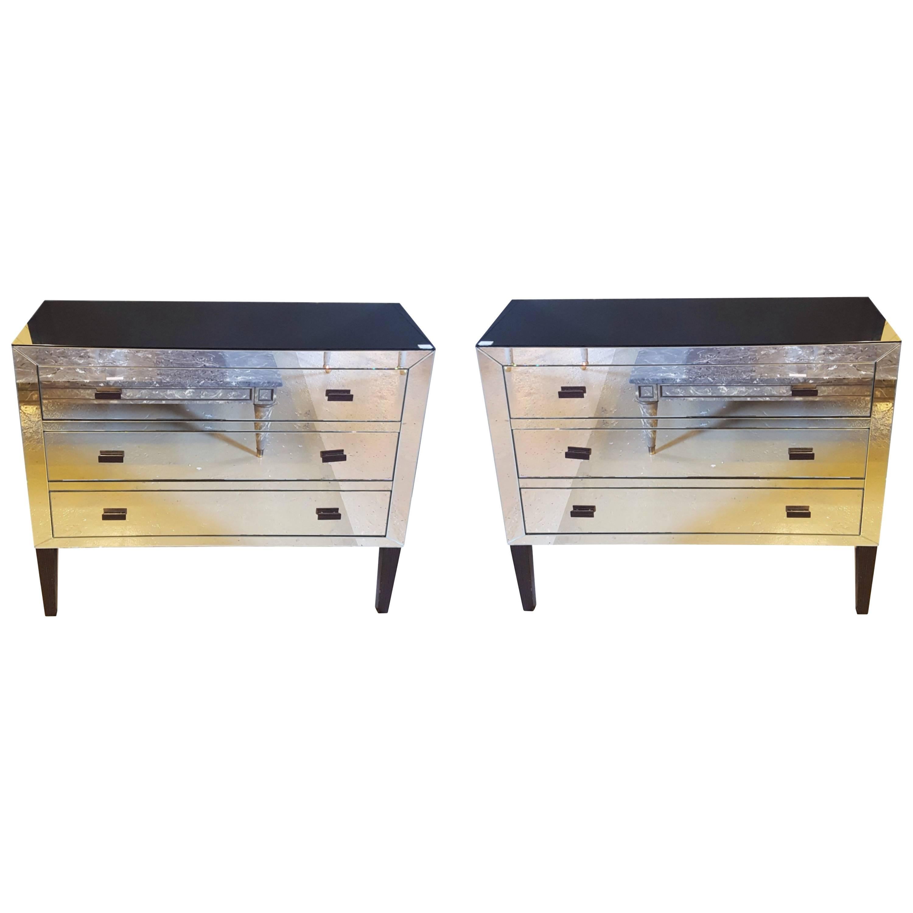 Pair of Hollywood Regency Custom Quality Mirrored Commodes or Nightstands