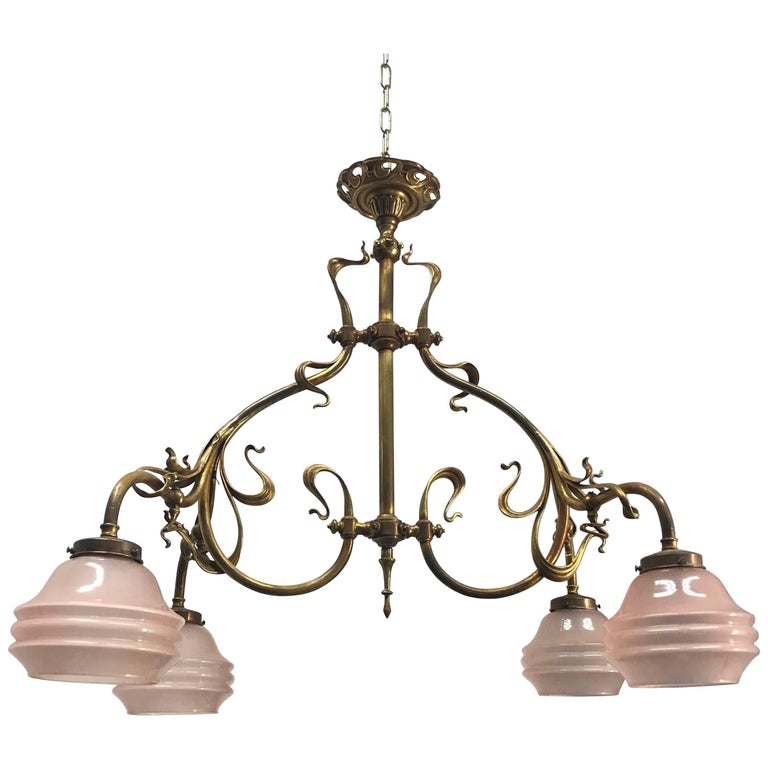 Elegant And Super Stylish Electrified Bronze Brass Art Nouveau Elegant Super Stylish Electrified Bronze And Brass Art Nouveau Gas Chandelier For