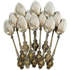 Bruckmann & Söhne Sterling Silver Gold Tea Coffee Spoons Set of 12 Pieces, Doves