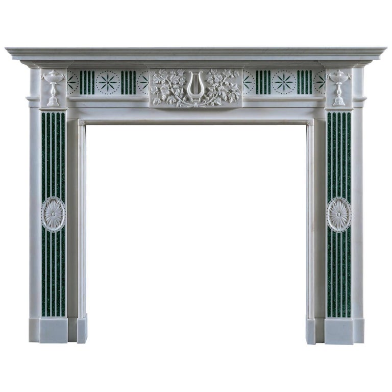 Jamb Merrion Fireplace in White Statuary Marble with Verde Antico Scagliola For Sale