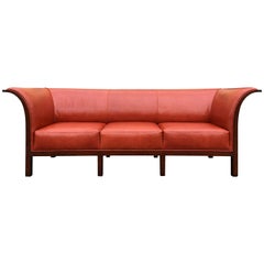 Vintage Beautiful Leather and Mahogany Sofa in the Style of Frits Henningsen