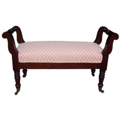American Sheraton Mahogany Upholstered Window Bench on Brass Casters, Circa 1820