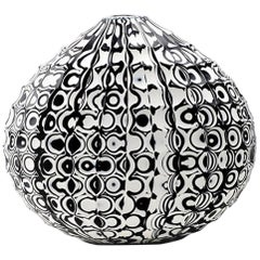 Black and White Mokume Battuto Low Flat Oval Vase, Handblown Glass
