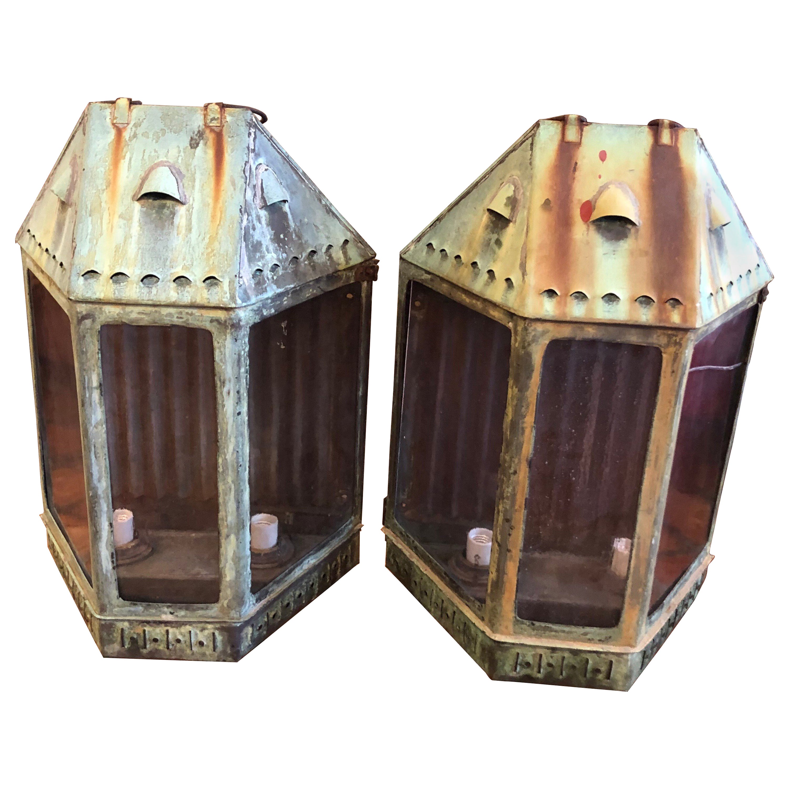 Restored Pair of Original Antique English Copper Wall Lanterns at 1stDibs