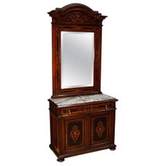 Italian Sideboard with Mirror in Inlaid Wood with Marble Top from 20th Century