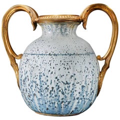 Atelier de Glatigny Gilt Bronze, Mottled Grey and Blue Glazed Stoneware Vase